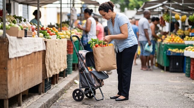 Shopper loading personal grocery trolley, Upright wheeled bag beside stall, Bright outdoor street market purchase, Canvas compartment and paper groceries, Complete practical shopping transport scene