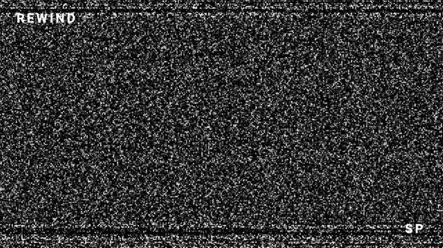 Analog video rewind effect on black background. Retro VHS playback rewind display with noise effect