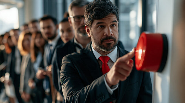 Office workers standing in a long queue