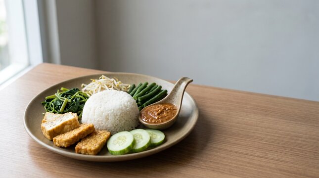 Nasi pecel with rice, vegetables, tofu, tempeh, and peanut sauce, composed with copy space for Indonesian restaurant advertising, menus, food delivery, and culinary campaigns