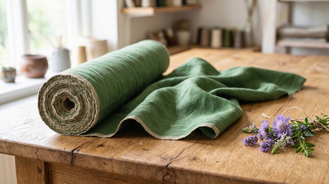 Meadow-green rolled linen with wildflower accents on an oak tabletop