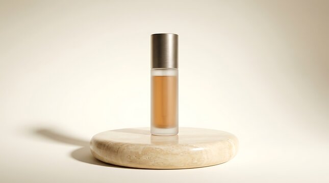 Small glass perfume bottle with a metal cap standing on a round stone pedestal in soft light studio. sleek cosmetic vials