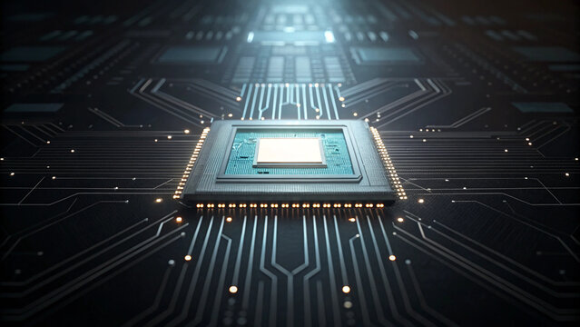 Glowing microchip on circuit board symbolizes advanced technology and innovation
