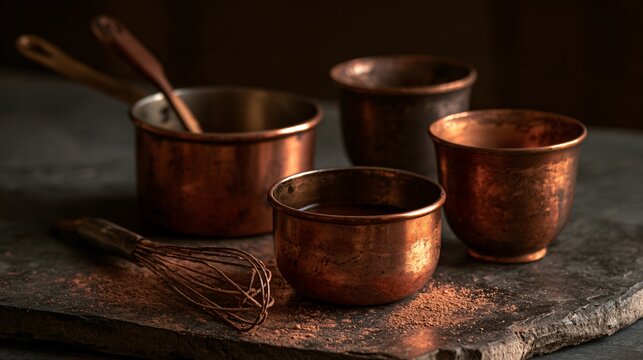 A dark stone counter covered with subtle cocoa dust becomes the setting for hot chocolate autumn scenes featuring one small copper saucepan, a whisk, and two unfinished cups waiting to be filled