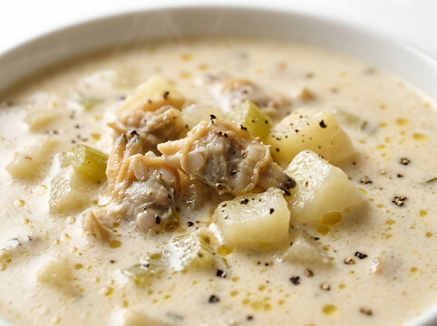 Delicious homemade New England clam chowder soup with potatoes and celery served in a white bowl