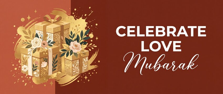 Celebrate Love Mubarak gift background with golden floral gift boxes and copy space for Islamic holiday, wedding, Nikah greeting card, Eid festival banner, luxurious gold watercolor vector template.