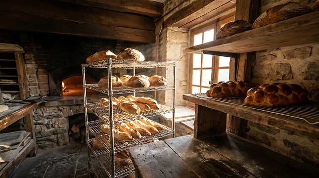 Fresh baked bread loaves on a metal cooling rack inside a rustic artisan bakery kitchen in the morning. artisanal bread selection