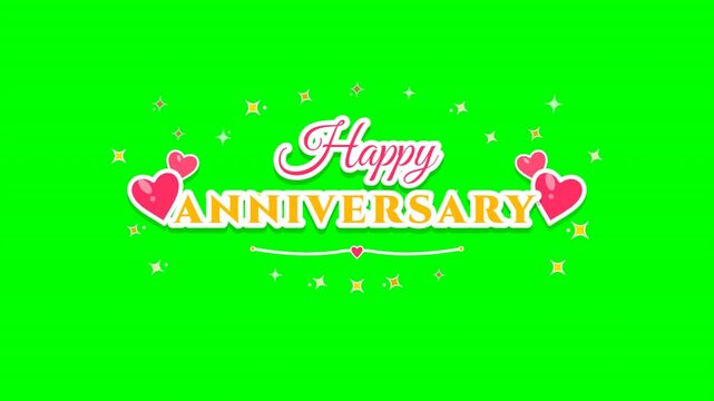 Happy anniversary text animation with hearts on green screen
