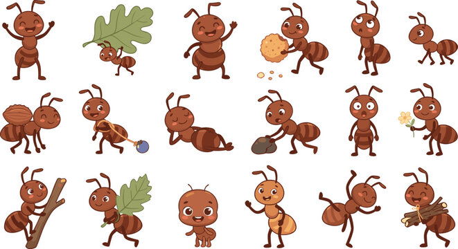 Friendly cartoon ant insect characters vector bundle highlighting hard working little colony team elements