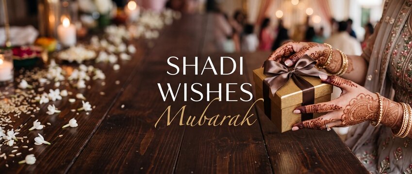 Indian wedding gift henna hands holding luxury gold box on wooden table background with Shadi Wishes Mubarak text for South Asian marriage greeting card banner background celebration concept