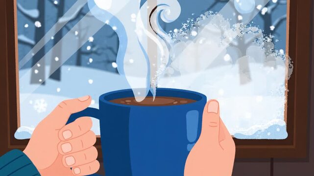 Hands holding steaming mug beside snowy window in flat vector illustration