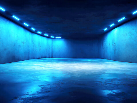 Empty Underground Concrete Room with Blue Neon Lighting