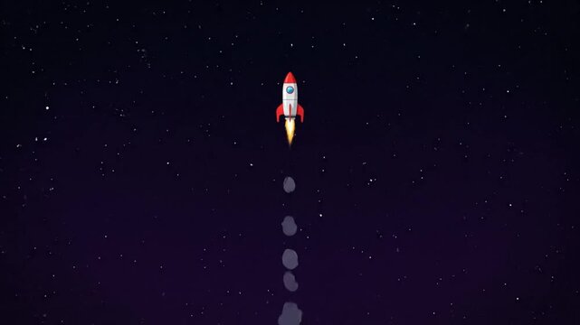 Rocket Launching into Space with Fiery Exhaust and Smoke Trails.