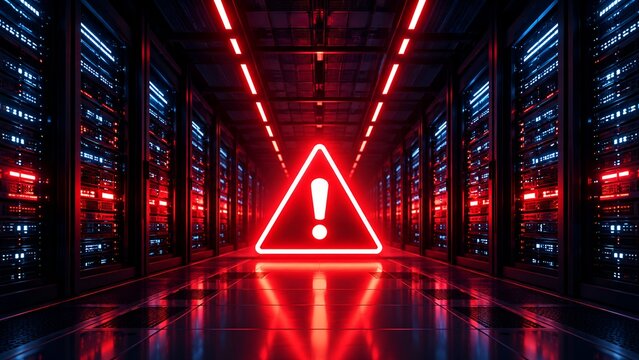 Cybersecurity warning in data center server room with glowing red exclamation mark in triangle symbol digital technology concept