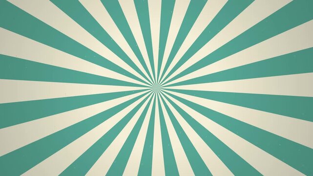 Rotating retro sunburst background features teal and cream radial rays radiating from a central point.
