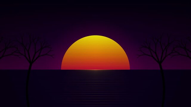 Retro 80s style sunset animation sinking below the horizon between silhouetted trees in a synthwave digital landscape.