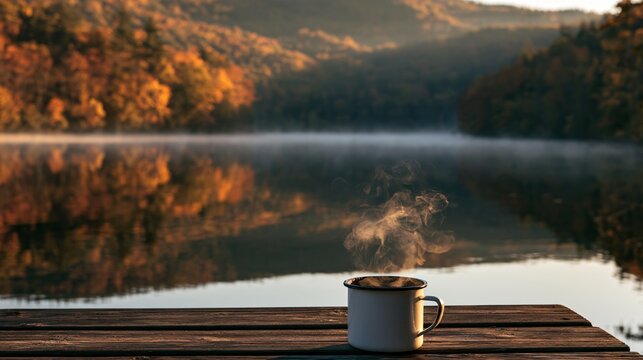 Hot chocolate autumn scenes capture a lakeside morning where a steaming enamel mug rests on a wooden dock, with still water reflecting misty hills covered in subdued golden and rust-colored forest