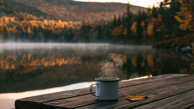 Hot chocolate autumn scenes capture a lakeside morning where a steaming enamel mug rests on a wooden dock, with still water reflecting misty hills covered in subdued golden and rust-colored forest