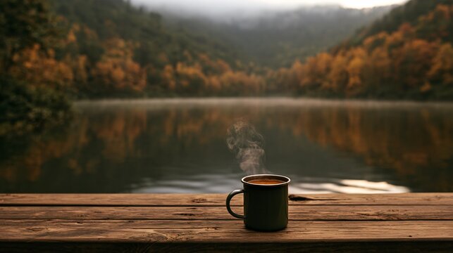 Hot chocolate autumn scenes capture a lakeside morning where a steaming enamel mug rests on a wooden dock, with still water reflecting misty hills covered in subdued golden and rust-colored forest
