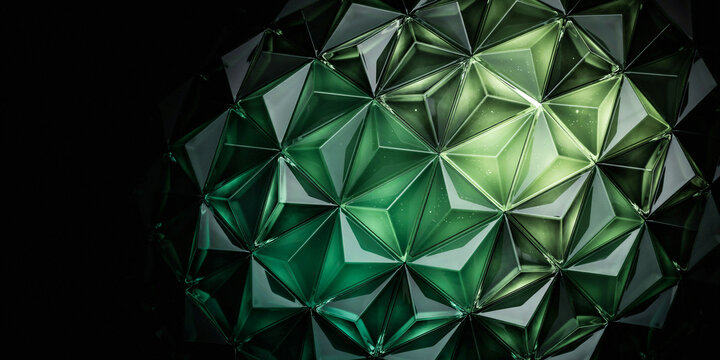 Abstract geometric sphere made of translucent green glass triangular facets on black background