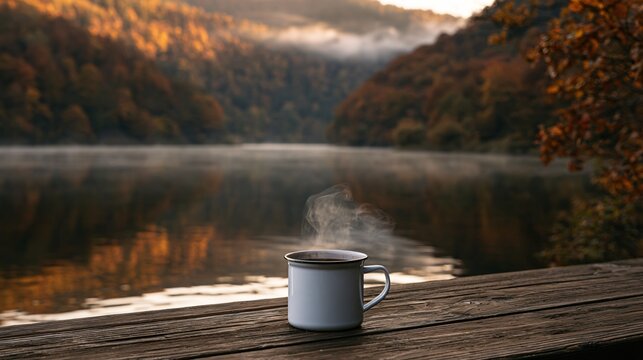 Hot chocolate autumn scenes capture a lakeside morning where a steaming enamel mug rests on a wooden dock, with still water reflecting misty hills covered in subdued golden and rust-colored forest