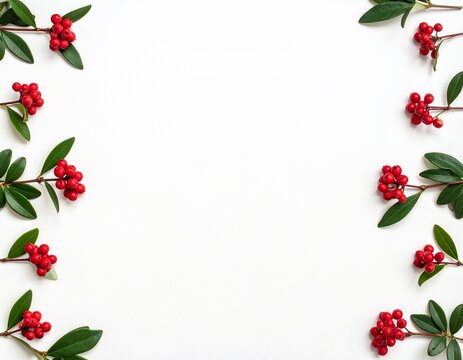 Red nandina berries with green leaves along both sides on white with large blank space in the centre
