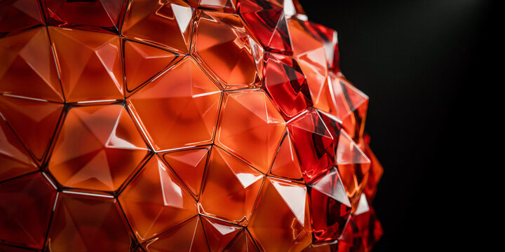 Abstract sphere made of interconnected red glass geometric polygons and facets