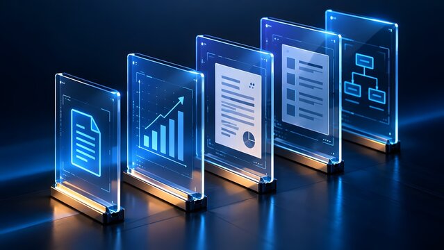 Digital documents and data visualization on transparent screens in a futuristic dark blue glowing environment representing business analytics and information management.