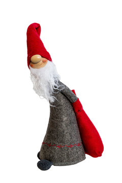 Cute Scandinavian Christmas Gnome Plush Figurine Carrying Red Sack Isolated PNG
