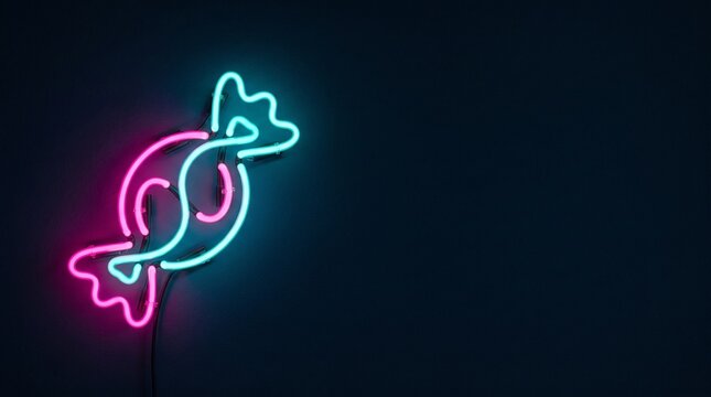 A glowing neon sign of a wrapped candy isolated on a dark background.