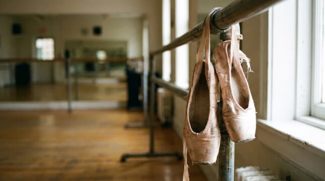 Old worn ballet shoes hang on a metal barre in a dance studio room.