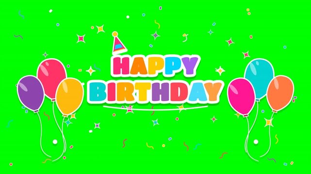 Happy birthday text animation with colorful balloons on green screen