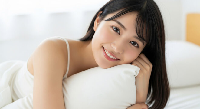 枕を抱きしめて幸せそうに微笑むキャミソール姿の女性