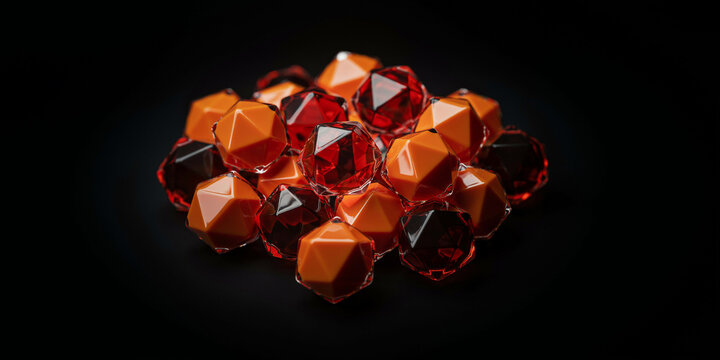 Cluster of orange and red translucent geometric polyhedral shapes on black background