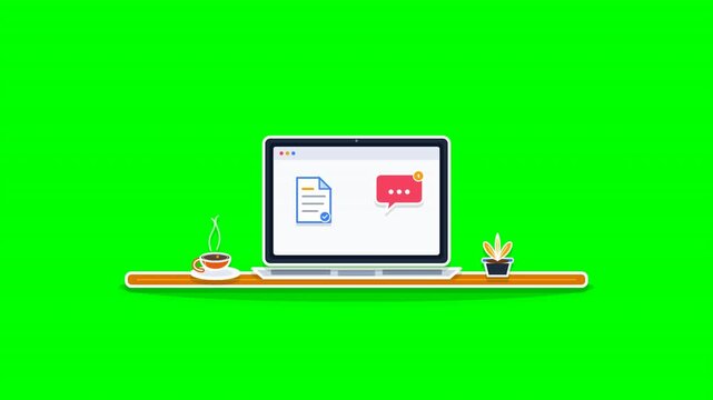 Laptop workspace flat illustration on green screen background