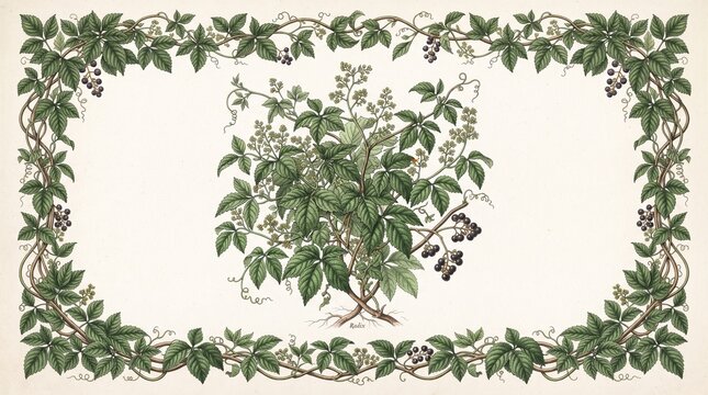 Vintage botanical illustration of wild vine plant with a decorative leafy border frame   