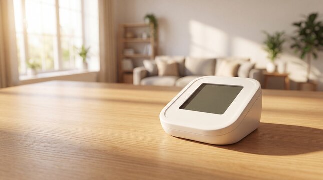 Angled white digital health monitor console with blank screen on sunlit wooden table in cozy living room