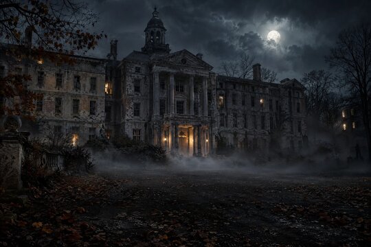 Haunted Abandoned Asylum Building at Night with Full Moon and Glowing Windows.
