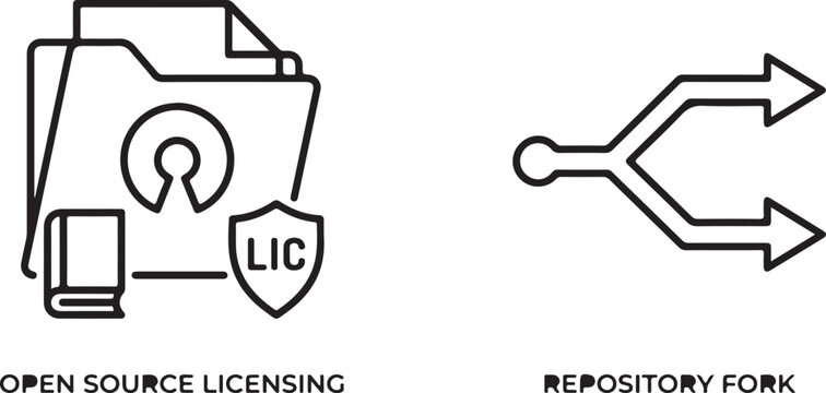 Open source licensing and repository fork icons clearly symbolize fundamental concepts in modern software development and collaborative programming environments for digital platforms.