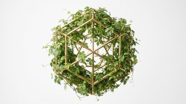 Modern luxury geometric gold wireframe sculpture overgrown with fresh green wild vine leaves on a white background   
