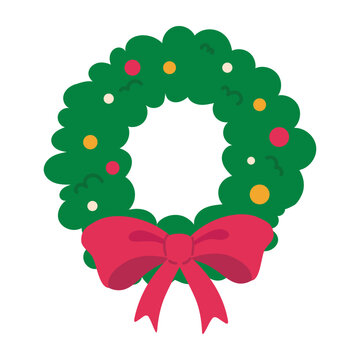 Brightly decorated festive green Christmas wreath with colorful round ornaments and a cheerful red bow