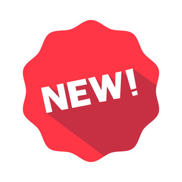 Red NEW starburst label with modern flat design long shadow for product announcements and promotions.