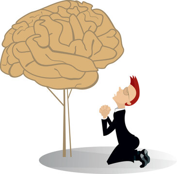 Male person worshiping brain tree. Concept illustration
