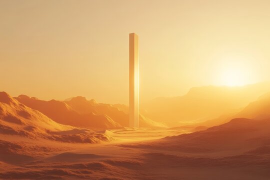 Monolith at sunrise in vast desert landscape