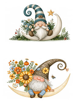 A cute cartoon romantic gnome sits on a crescent moon with a bouquet of flowers