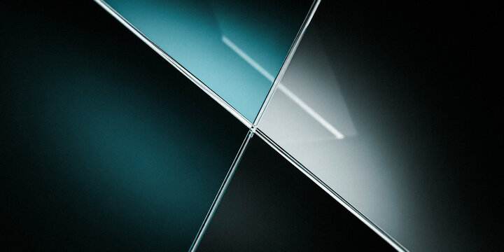 Intersecting glass panels forming geometric shapes on a dark background