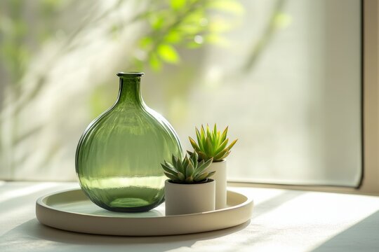 Elegant green glass vase and succulents in sunlit room