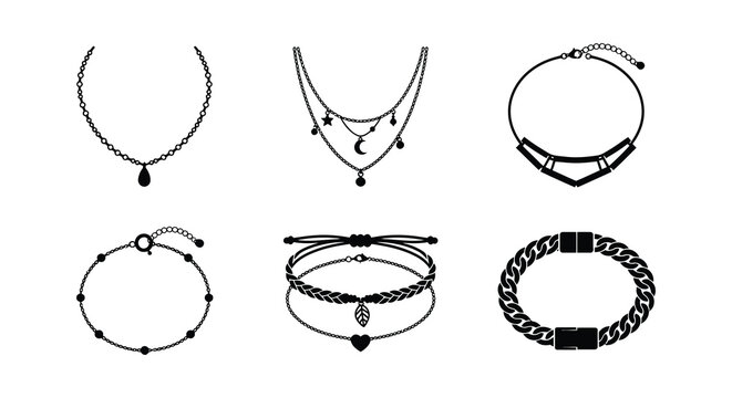 Black silhouette necklaces and bracelets collection vector jewelry design