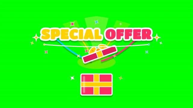 Animated special offer banner with gift box on green screen
