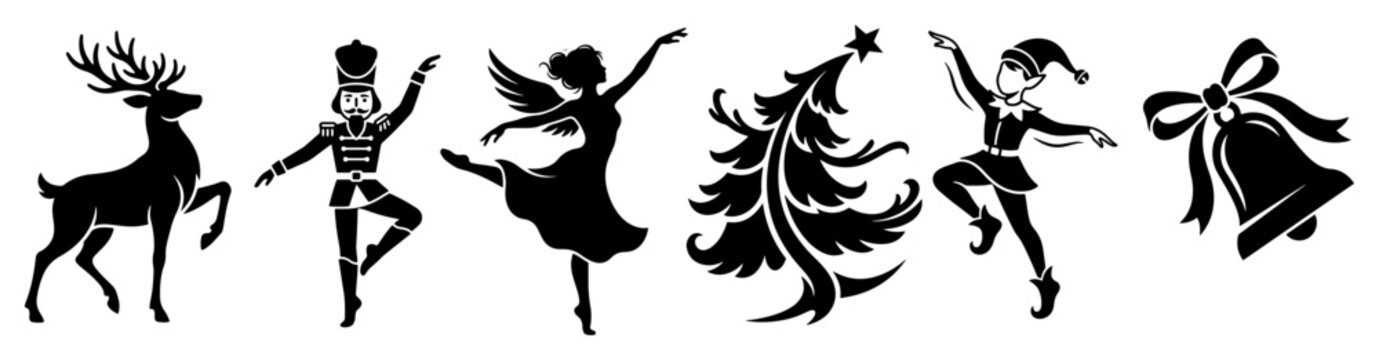 Christmas silhouette icons set featuring reindeer nutcracker ballerina and festive symbols
